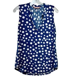 SJS Top Shell Women's Medium V-Neck Synthetic Knit Blue W/ White Polka Dots